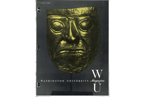 The cover of the Fall 1963 Washington University Magazine. The title is written at the bottom of the page and the entire cover is filled with an image of a gold Chima (Peruvian) mask on a grey background.